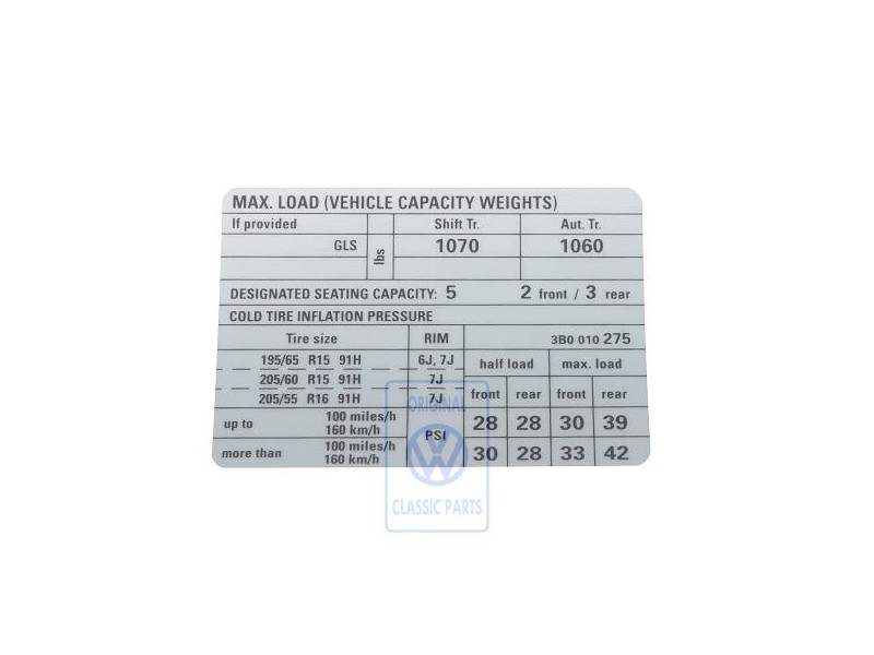 Γνήσιο VW Πινακίδα Για Πίεση Ελαστικών - 3B0010275