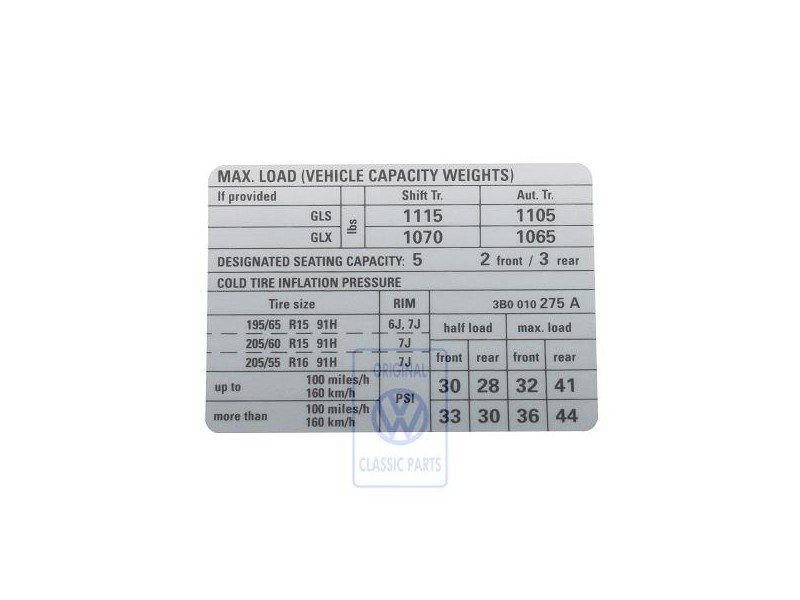 Γνήσιο VW Πινακίδα Για Πίεση Ελαστικών - 3B0010275A
