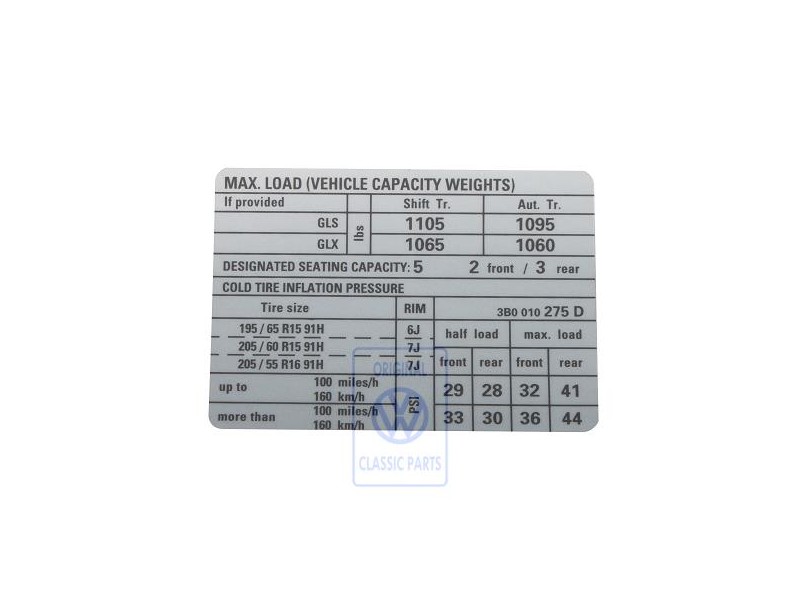 Γνήσιο VW Πινακίδα Για Πίεση Ελαστικών - 3B0010275D