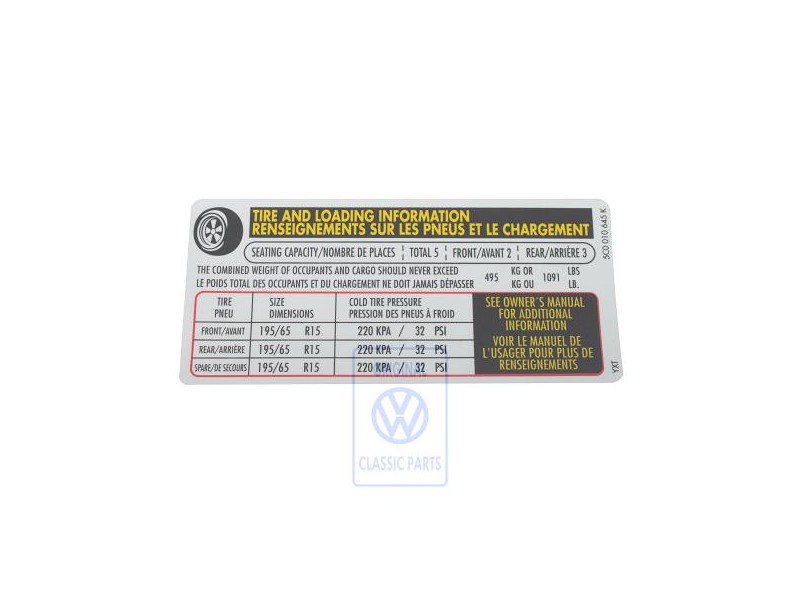 Γνήσιο VW Πινακίδα Για Πίεση Ελαστικών - 5C0010645K