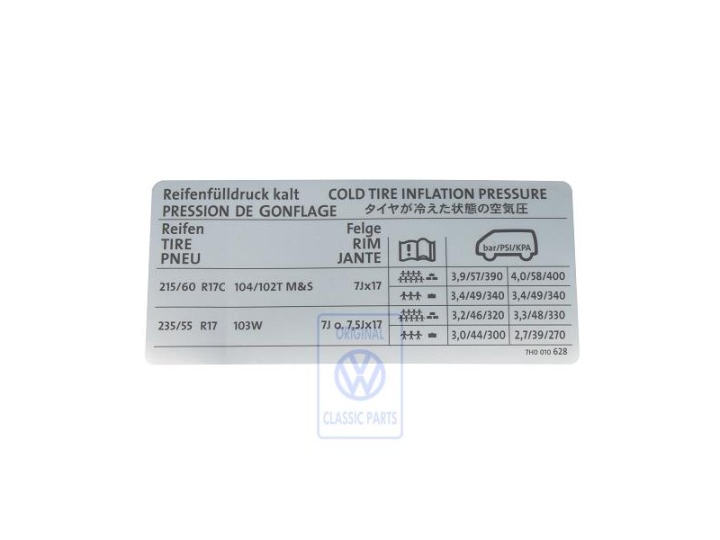 Γνήσιο VW Πινακίδα Για Πίεση Ελαστικών - 7H0010628