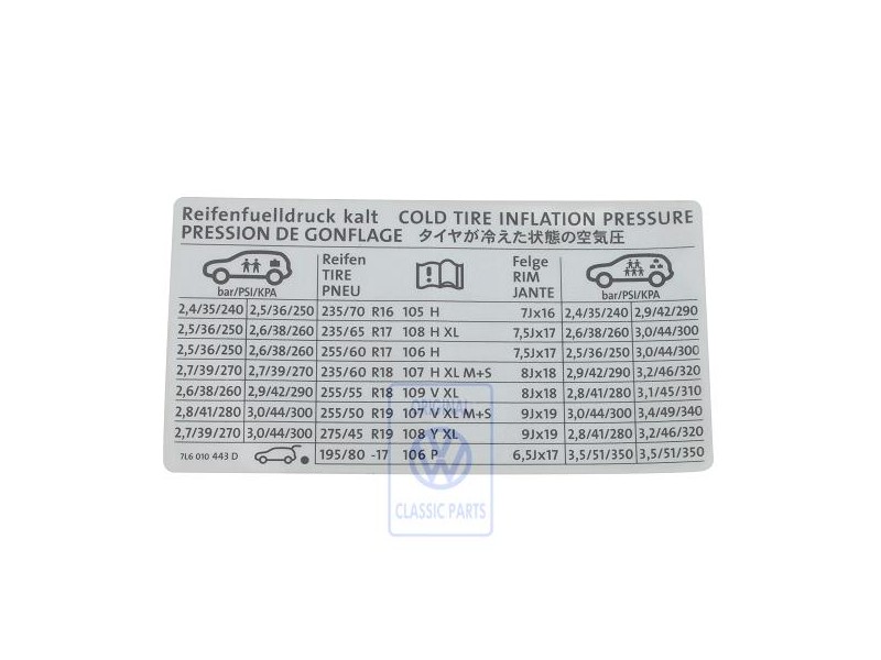 Γνήσιο VW Πινακίδα Για Πίεση Ελαστικών - 7L6010443D