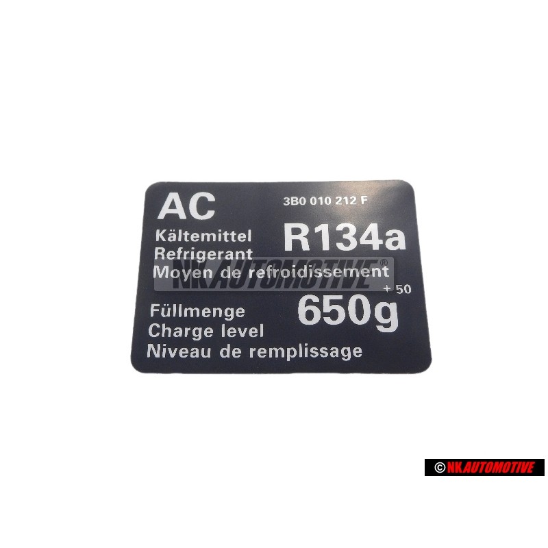 Γνήσιο VW Πινακίδα Air Conditioning Refrigerant R134A - 3B0010212F