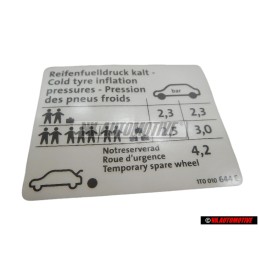 Γνήσιο VW Πινακίδα Για Πίεση Ελαστικών - 1T0010644E