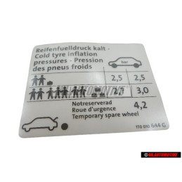 Γνήσιο VW Πινακίδα Για Πίεση Ελαστικών - 1T0010644G