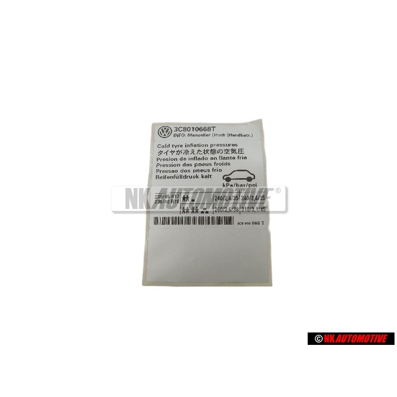 Γνήσιο VW Πινακίδα Για Πίεση Ελαστικών - 3C8010668T