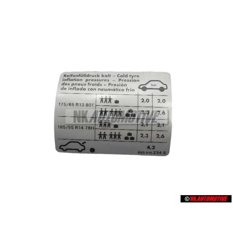 Γνήσιο VW Πινακίδα Πίεση Ελαστικών Κρύα - 6X0010234S