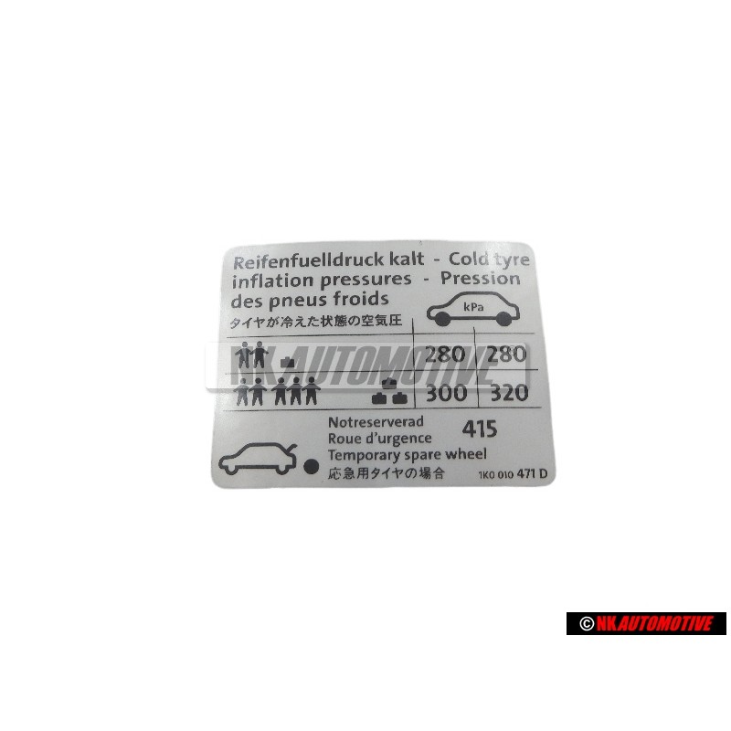 Γνήσιο VW Πινακίδα Για Πίεση Ελαστικών - 1K0010471D