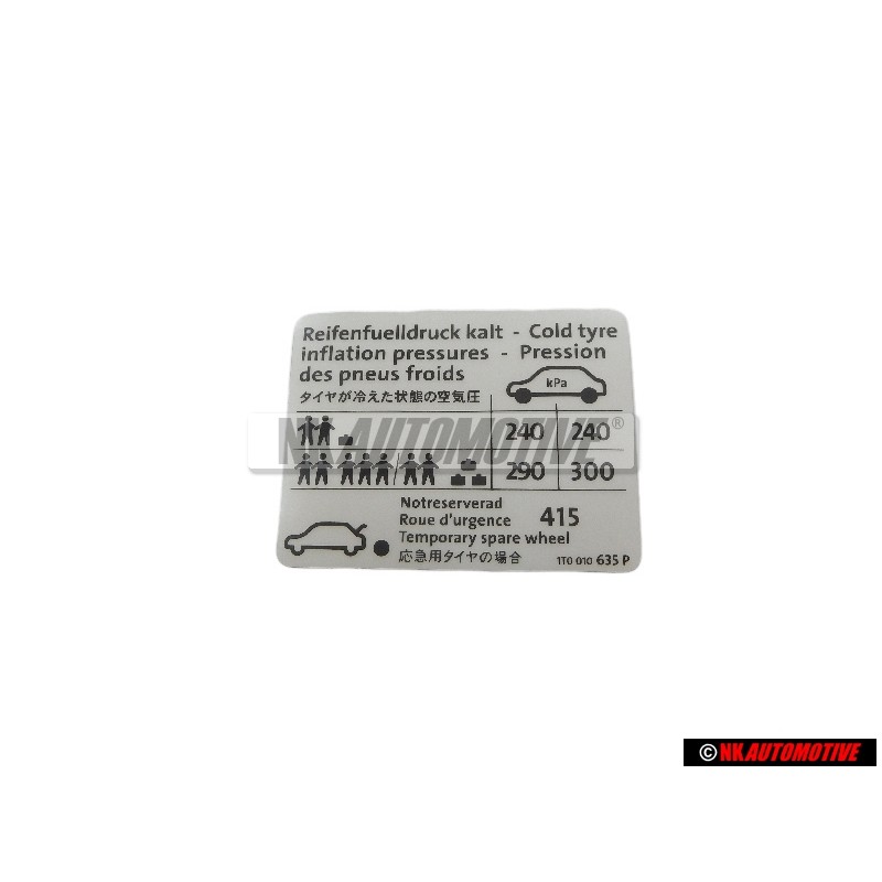 Γνήσιο VW Πινακίδα Για Πίεση Ελαστικών - 1T0010635P