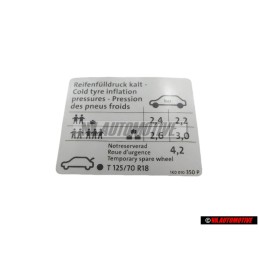 Γνήσιο VW Πινακίδα Για Πίεση Ελαστικών - 1K0010350P