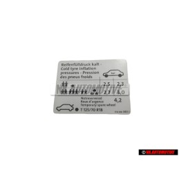 Γνήσιο VW Πινακίδα Πίεση Ελαστικών Κρύα - 1T0010343J