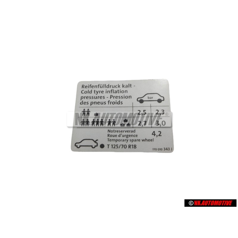 Γνήσιο VW Πινακίδα Πίεση Ελαστικών Κρύα - 1T0010343J