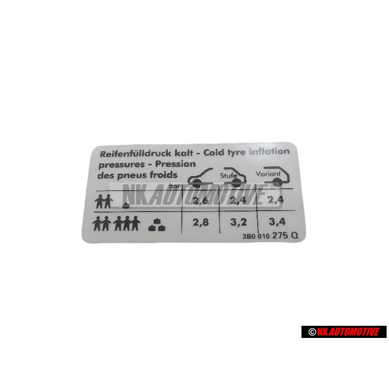 Γνήσιο VW Πινακίδα Για Πίεση Ελαστικών - 3B0010275Q