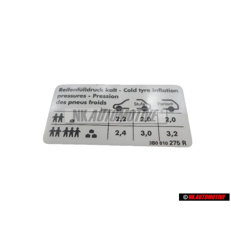 Γνήσιο VW Πινακίδα Για Πίεση Ελαστικών - 3B0010275R