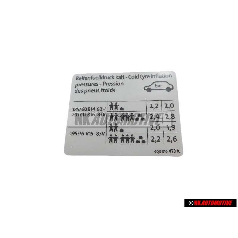 Γνήσιο VW Πινακίδα Για Πίεση Ελαστικών - 6Q0010473K