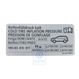 Γνήσιο VW Πινακίδα Για Πίεση Ελαστικών - 2K0010689L